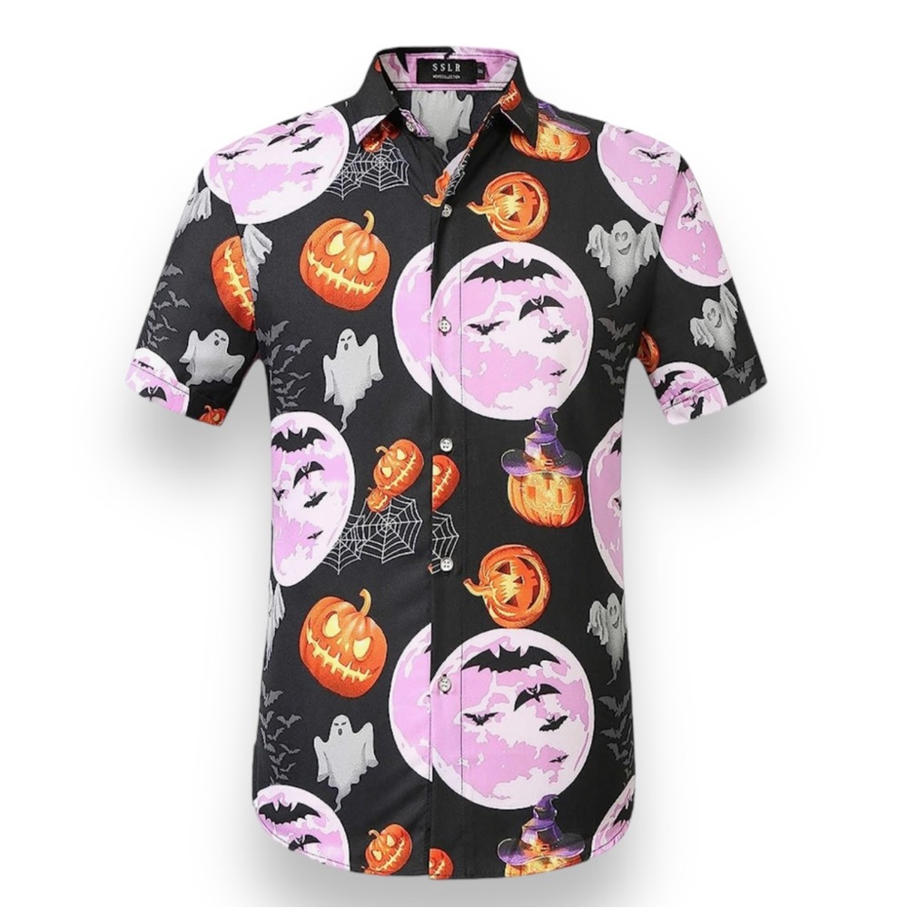 NEW SSLR Mens Graphic Pumpkin Halloween Shirt, Short Sleeve Button Down Men’s L